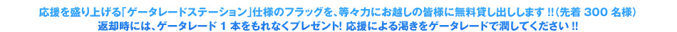 応援を盛り上げる「ゲータレードステーション」仕様の大型フラッグを、等々力にお越しの皆様に無料貸し出しします!!（先着300名様） 返却時には、ゲータレード1本をもれなくプレゼント！ 応援による渇きをゲータレードで潤してください!! 